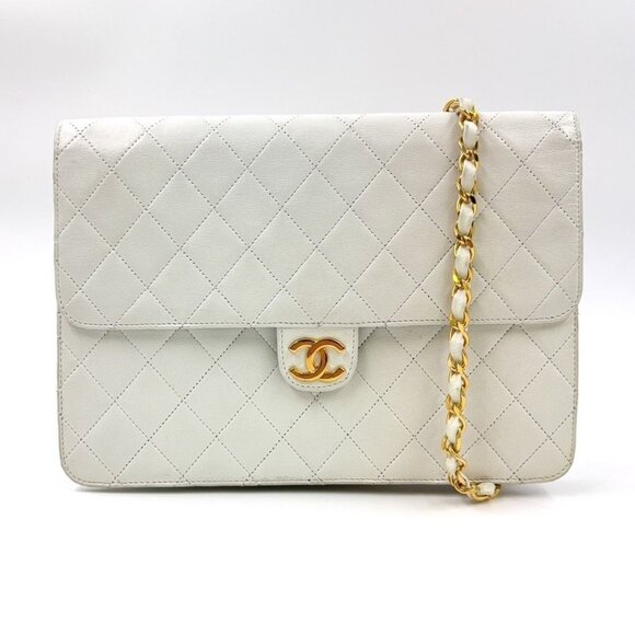 Authentic CHANEL Vintage Classic Single Flap Quilted Lambskin Chain Bag White - Picture 1 of 10